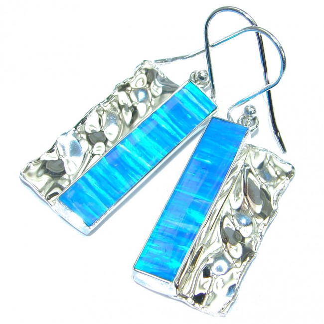Ocean Blue Japanese Fire Opal hammered .925 Sterling Silver earrings