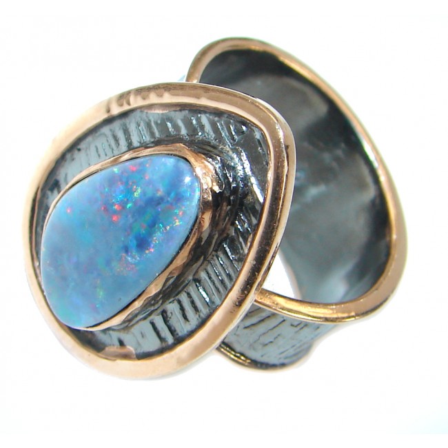 Doublet Opal oxidized Rose Gold over .925 Sterling Silver handcrafted ring size 7 adjustable
