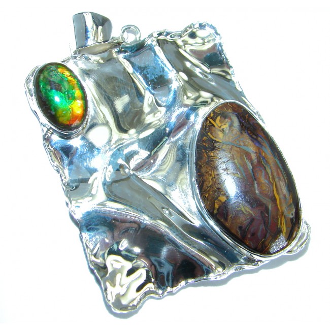 One of the kind genuine Koroit Opal Ammolite .925 hammered Sterling Silver Pendant