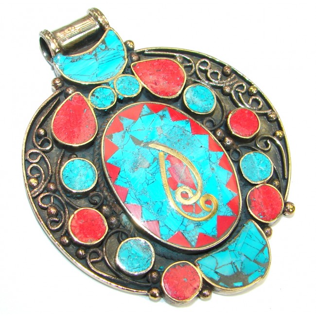 Authentic Red Fossilized Coral Turquoise .925 Coral Sterling Silver handmade pendant