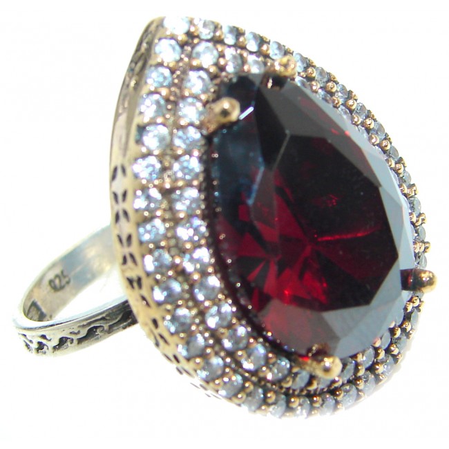 Victorian Style created Ruby & White Topaz Sterling Silver ring; s. 9