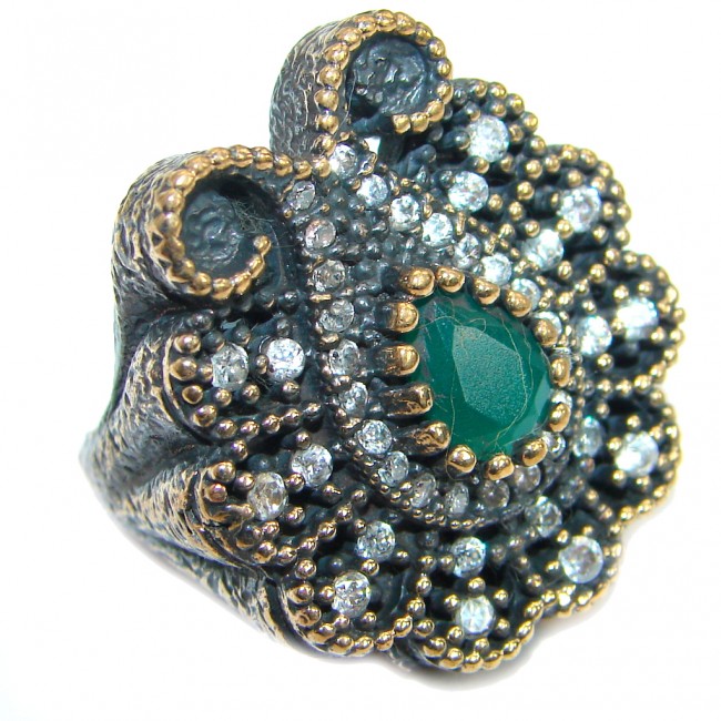 Victorian Style created Emerald & White Topaz Copper over Sterling Silver ring; s. 6 1/2