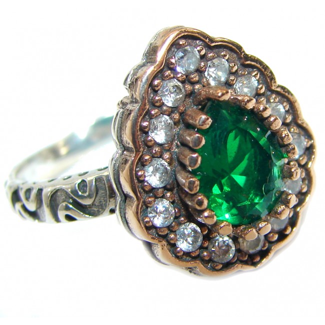 Victorian Style created Emerald & White Topaz Sterling Silver Ring s. 8 1/4
