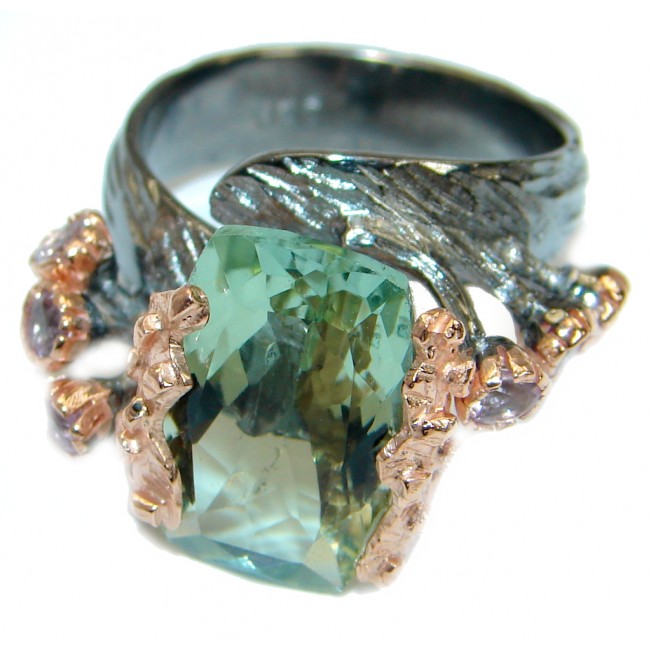 Emerald cut Green Amethyst .925 Sterling Silver handmade Cocktail Ring s. 7