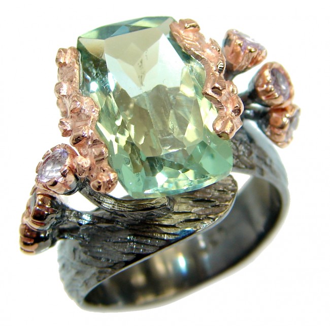 Emerald cut Green Amethyst .925 Sterling Silver handmade Cocktail Ring s. 7