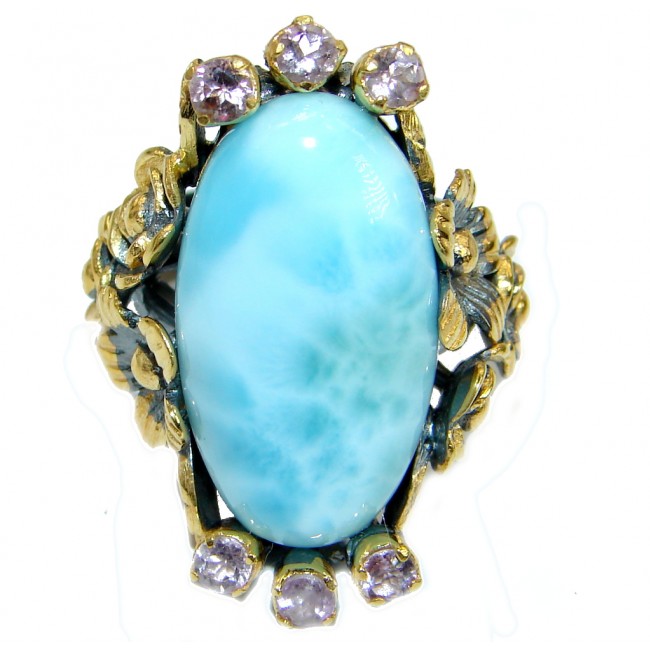 Genuine Larimar 14K Gold over .925 Sterling Silver handcrafted Cocktail Ring s. 8