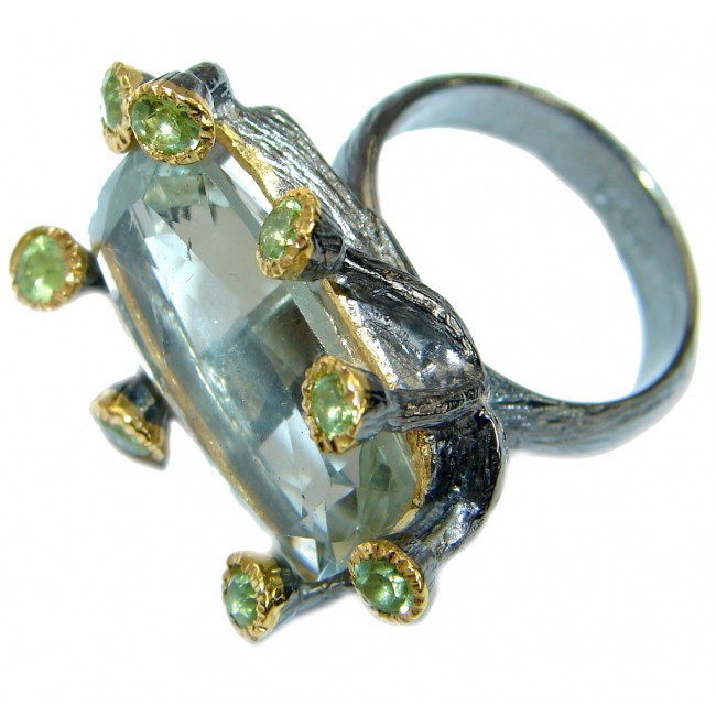 Emerald cut Green Amethyst .925 Sterling Silver handmade Cocktail Ring s. 6