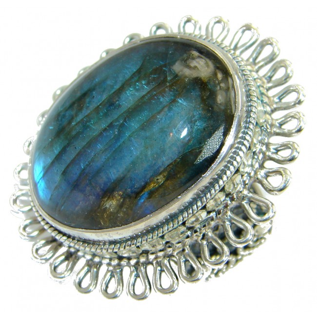 Huge 45ct Blue Fire Labradorite .925 Sterling Silver handmade ring size 6 1/2