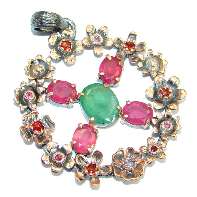 Vintage Style Ruby Emerald .925 Sterling Silver handmade Pendant