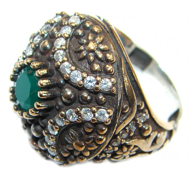Victorian Style created Emerald & White Topaz Sterling Silver Ring s. 7