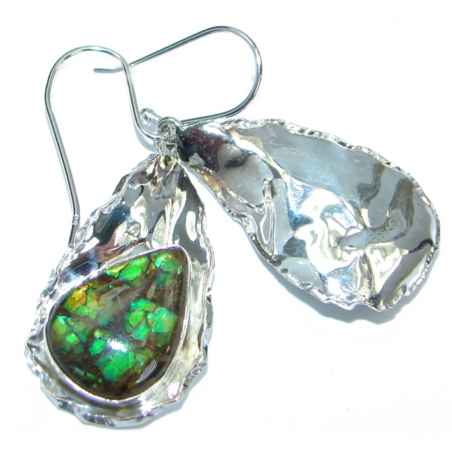Beautiful Fire Ammolite hammered .925 Sterling Silver earrings