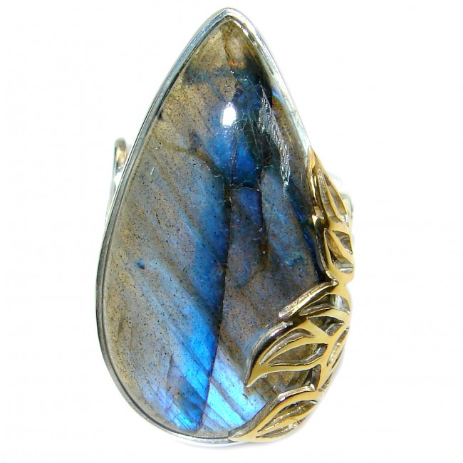 Blue Fire Labradorite Two Tones .925 Sterling Silver handmade ring size 7 adjustable
