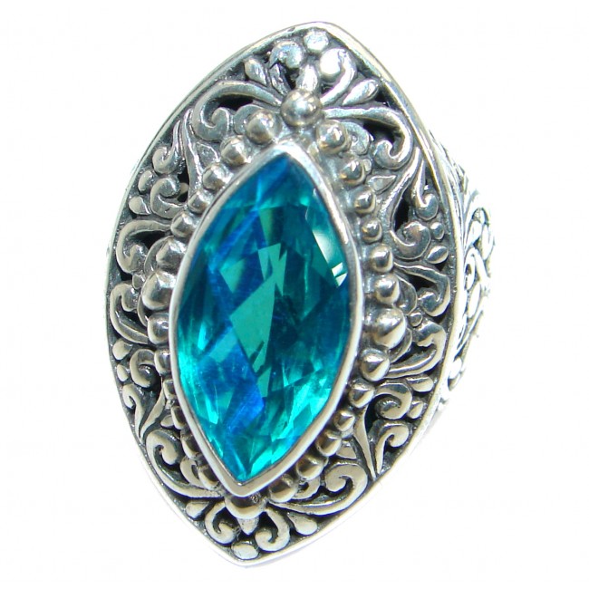 Huge Vintage Design Blue Aqua Topaz .925 Sterling Silver handcrafted ring s. 6 3/4