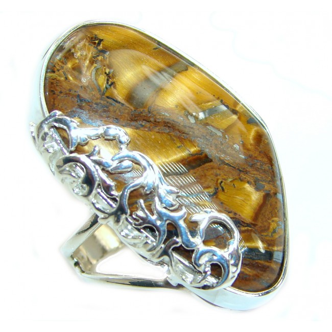 Huge Bold Golden Tigers Eye .925 Sterling Silver handmade ring s. 8 adjustable