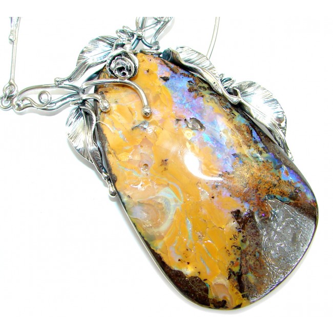Large 3 1/4 inches genuine Australian Boulder Opal .925 Sterling Silver brilliantly handcrafted necklace