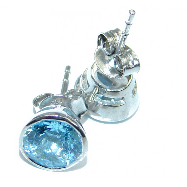 Deluxe genuine Swiss Blue Topaz 10 mm wide .925 Sterling Silver stud earrings