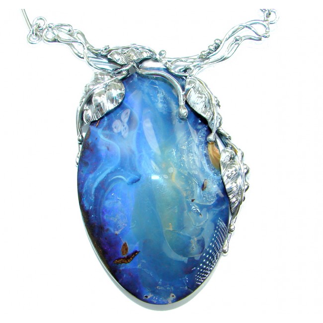 Large 2 7/8 inches genuine Australian Boulder Opal .925 Sterling Silver brilliantly handcrafted necklace