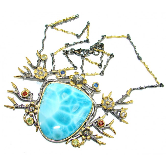 One of the kind Nature inspired Larimar 14K Gold Rhodium over .925 Sterling Silver handmade necklace
