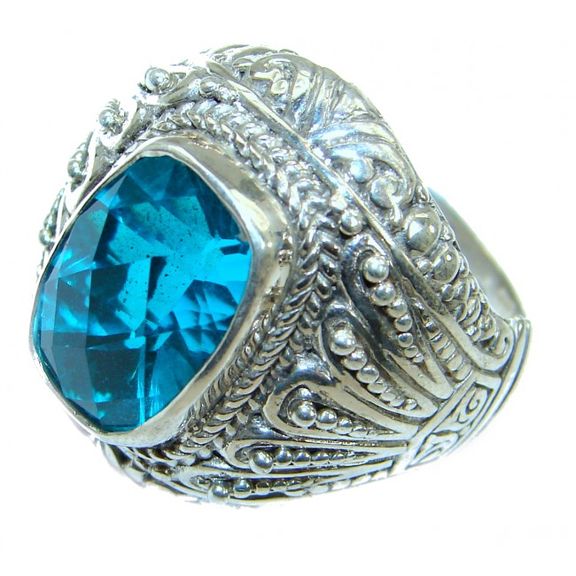Huge Vintage Design Blue Aqua Topaz .925 Sterling Silver handcrafted ring s. 9
