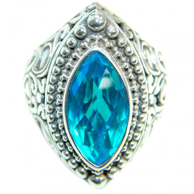 Huge Vintage Design Blue Aqua Topaz .925 Sterling Silver handcrafted ring s. 8