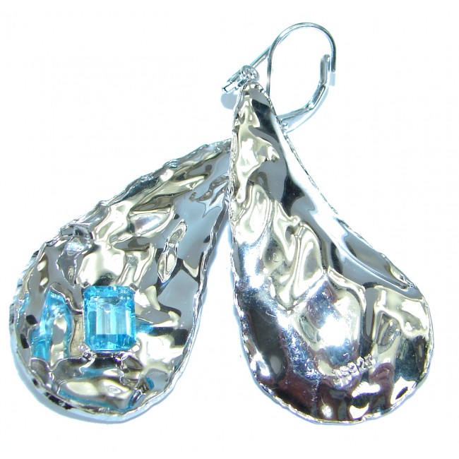 Real Beauty Swiss Blue Topaz hammered .925 Sterling Silver earrings