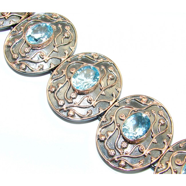 Baroque Style Swiss Blue Topaz Two Tones .925 Sterling Silver handmade Bracelet Cuff
