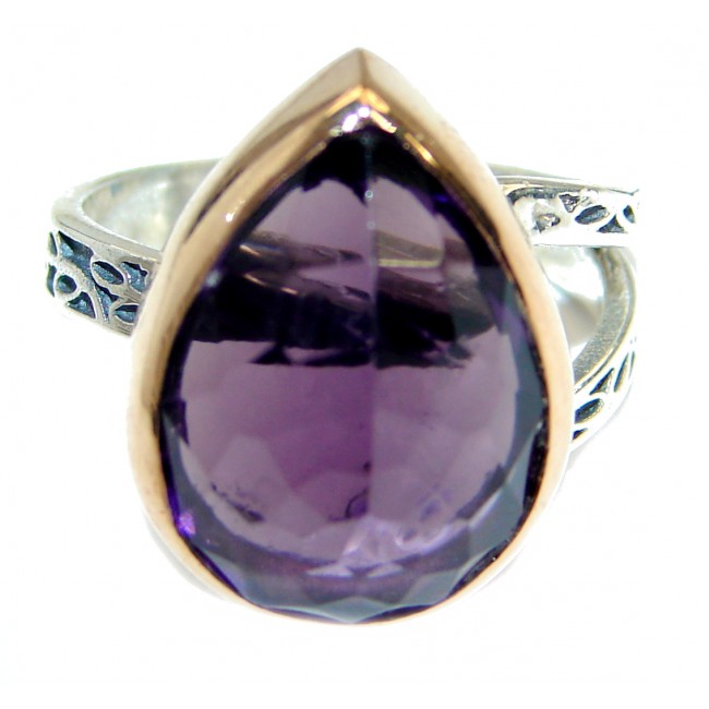 Genuine Amethyst Two Tones .925 Sterling Silver ring s. 7 adjustable