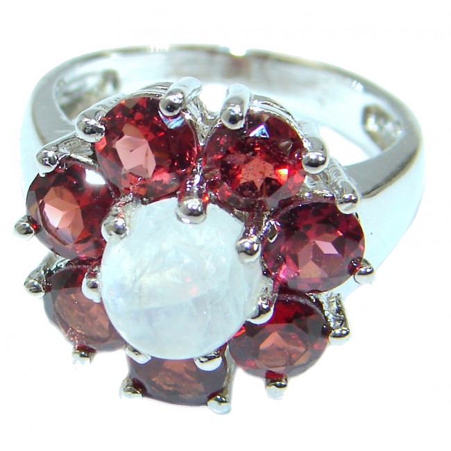 Fire Moonstone Garnet .925 Sterling Silver handcrafted Cocktail ring size 8