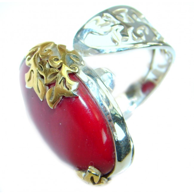 Natural Fossilized Coral two tones .925 Sterling Silver handmade ring s. 8 adjustable