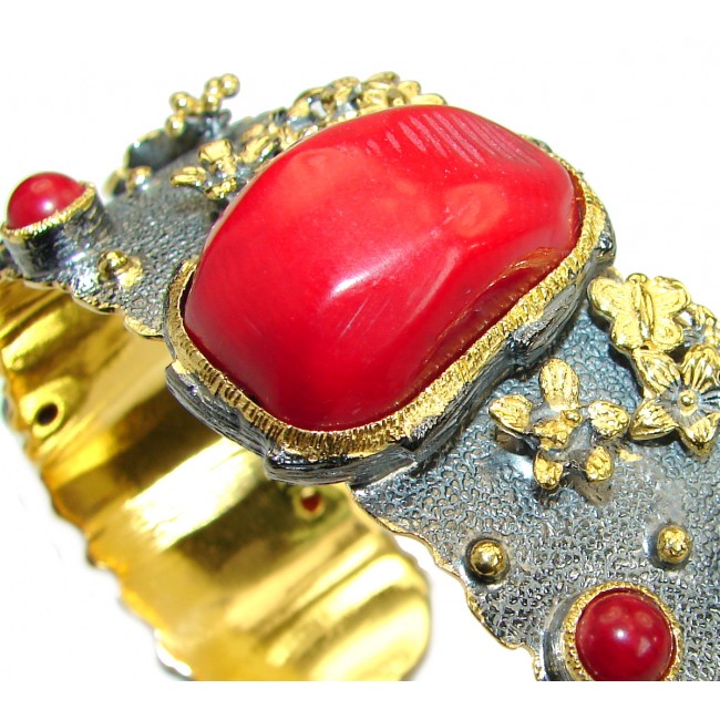 Chunky Genuine Fossilized Coral 18 ct Gold Rhodium over .925 Sterling Silver Bracelet / Cuff