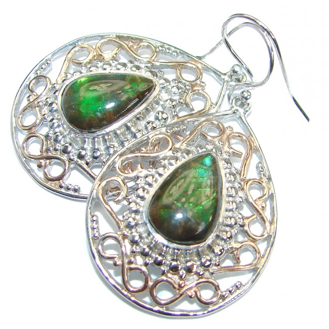 Green Aura Canadian Fire Ammolite Two Tones .925 Sterling Silver handmade earrings