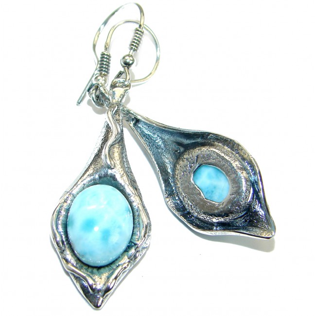 Boho Style genuine Blue Larimar oxidized .925 Sterling Silver handmade earrings