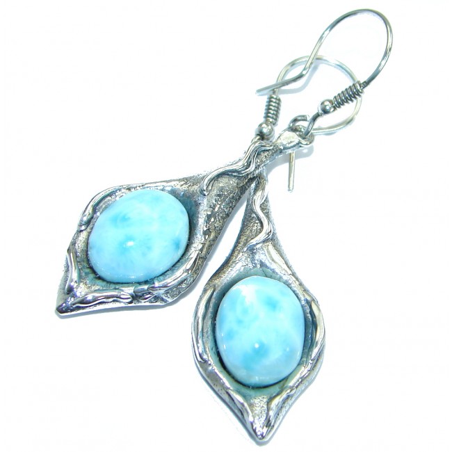 Boho Style genuine Blue Larimar oxidized .925 Sterling Silver handmade earrings