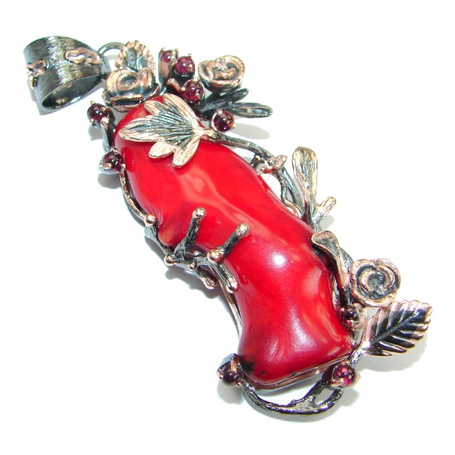 Huge Authentic Red Fossilized Coral Gold Rhodium over .925 Coral Sterling Silver handmade pendant