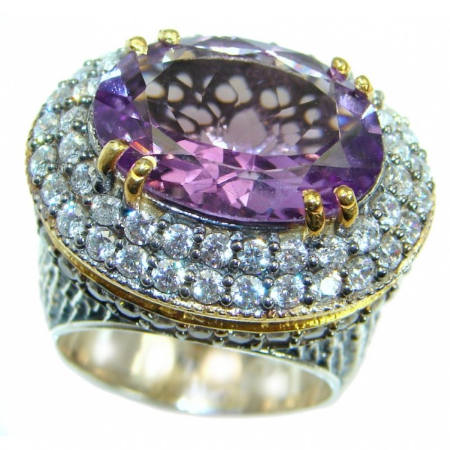 Magic genuine Amethyst gold over .925 Sterling Silver handmade Cocktail Ring s. 7 1/4