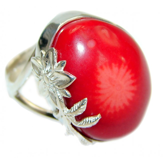 Natural Fossilized Coral two tones .925 Sterling Silver handmade ring s. 8 adjustable