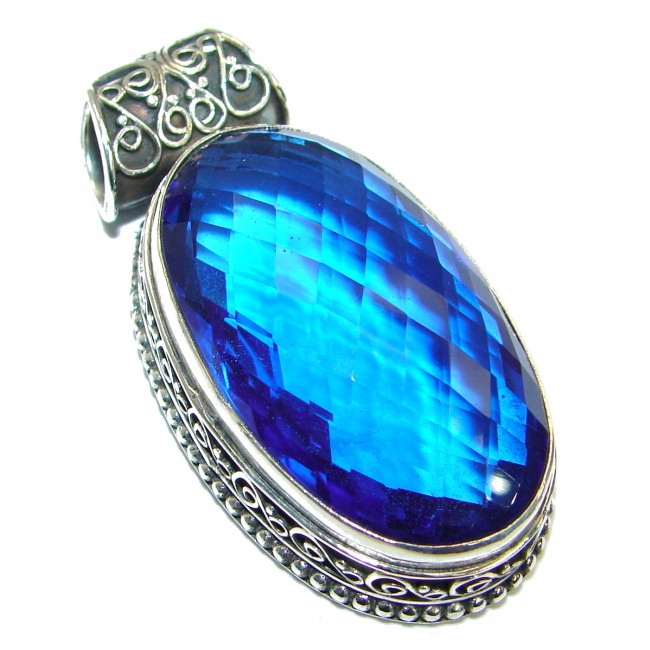 Large Vintage Style Sapphire color Quartz Sterling Silver Pendant