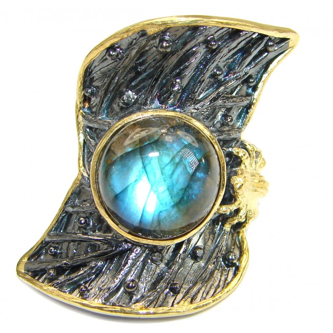 Blue Fire Labradorite Two Tones .925 Sterling Silver handmade ring size 7 adjustable