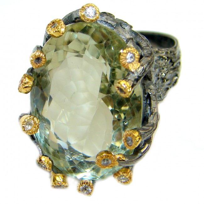 Genuine 45ct Green Amethyst .925 Sterling Silver handmade Cocktail Ring s. 8 1/4