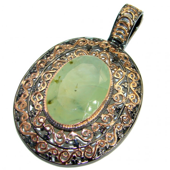 Vintage Design Prehnite Rose Gold Rhodium over .925 Sterling Silver handmade pendant