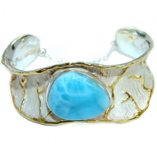 Authentic Larimar highly polished two tones .925 Sterling Silver handmade Bracelet / Cuff