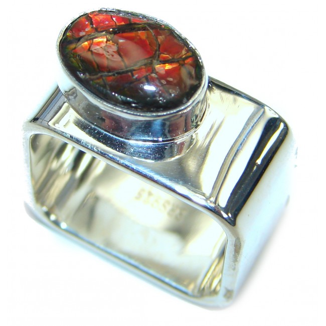 Pure Energy Fire Genuine Canadian Ammolite .925 Sterling Silver handmade ring size 7 1/2