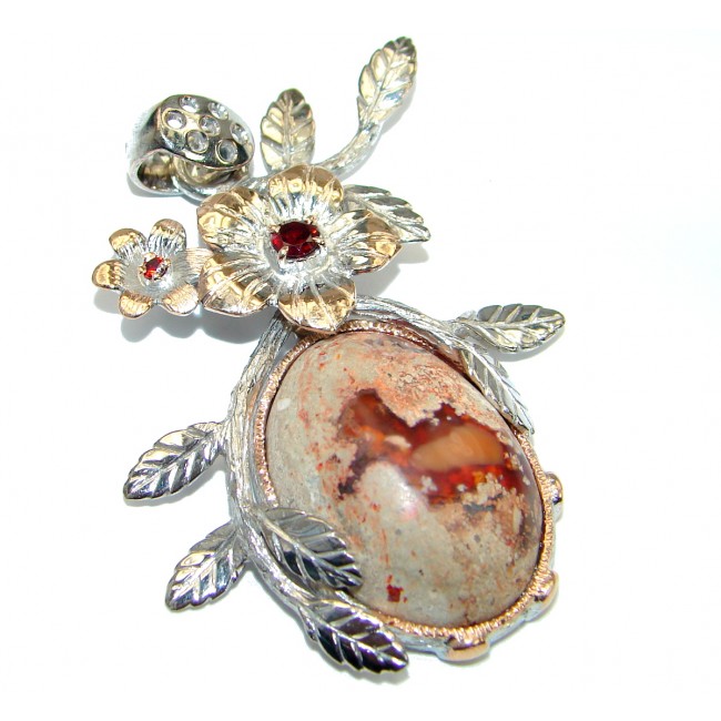 Floral Design Mexican Fire Opal Rose Gold over .925 Sterling Silver handmade Pendant