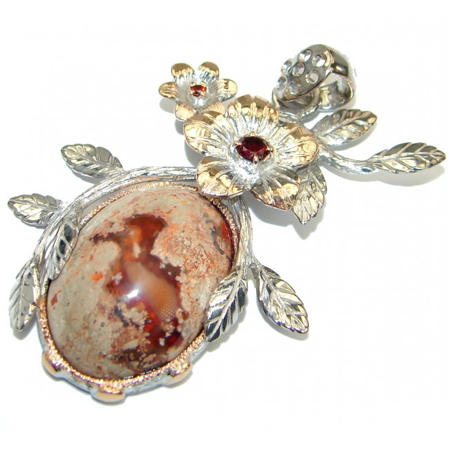 Floral Design Mexican Fire Opal Rose Gold over .925 Sterling Silver handmade Pendant