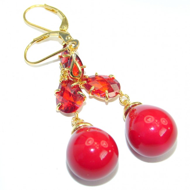 Genuine Red Fossilized Coral Gold over .925 Sterling Silver handmade earrings