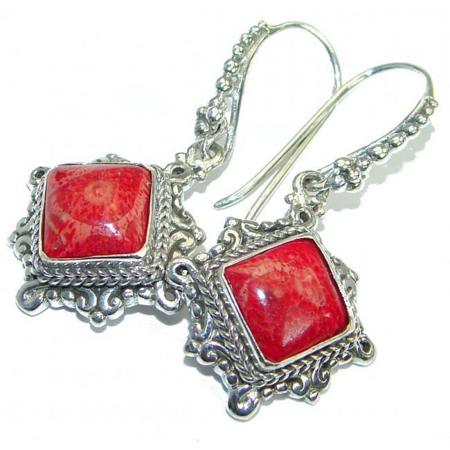 Genuine Red Fossilized Coral Gold over .925 Sterling Silver handmade earrings