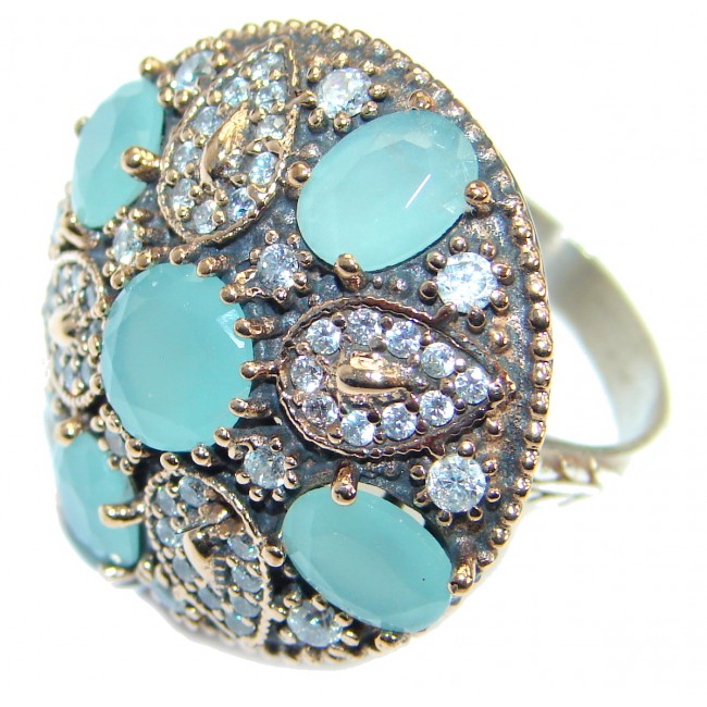 Large Victorian Style created Aquamarine & White Topaz Sterling Silver ring; s. 8 1/4
