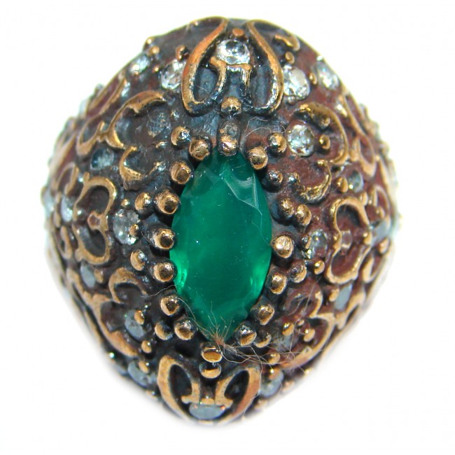 Victorian Style created Emerald & White Topaz Copper over Sterling Silver ring; s. 6 1/4