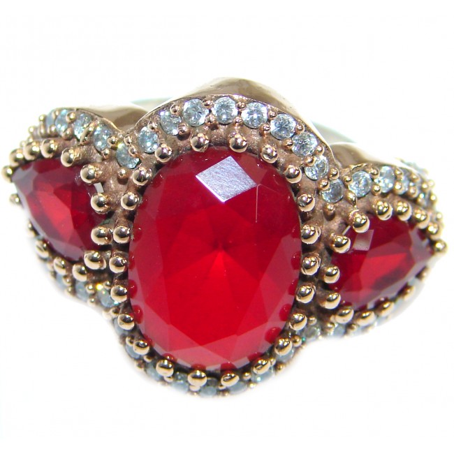 Large Victorian Style created Ruby & White Topaz Sterling Silver ring; s. 7 1/4