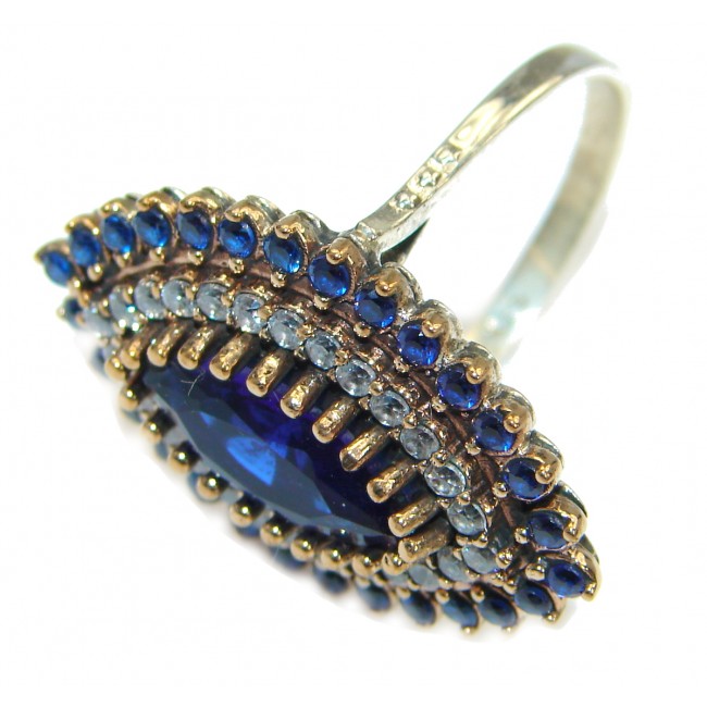 Created Blue Sapphire & White topaz Sterling Silver Ring s. 8 1/4
